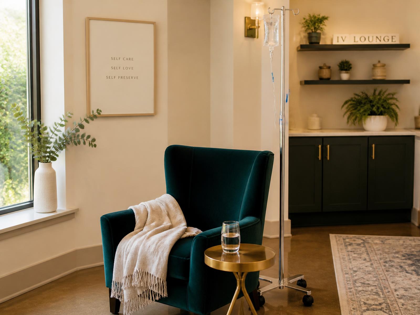 Calm infusion lounge at Infuse in Edina with a teal velvet chair, warm light and an IV stand